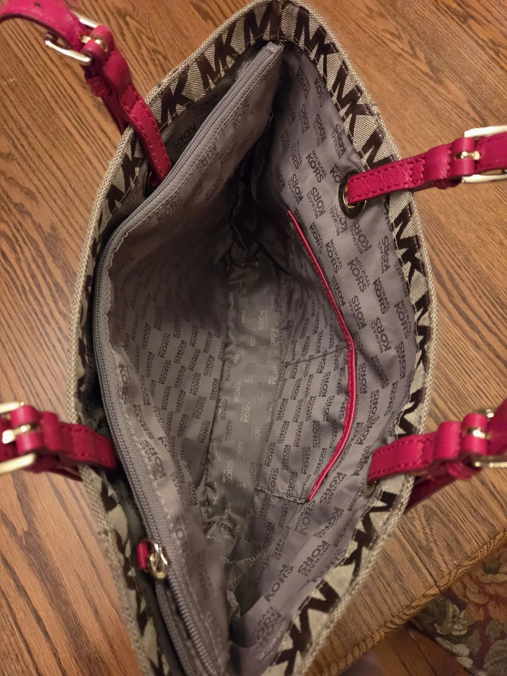 Michael Kors Brown MK Signature Tote with Red Handles